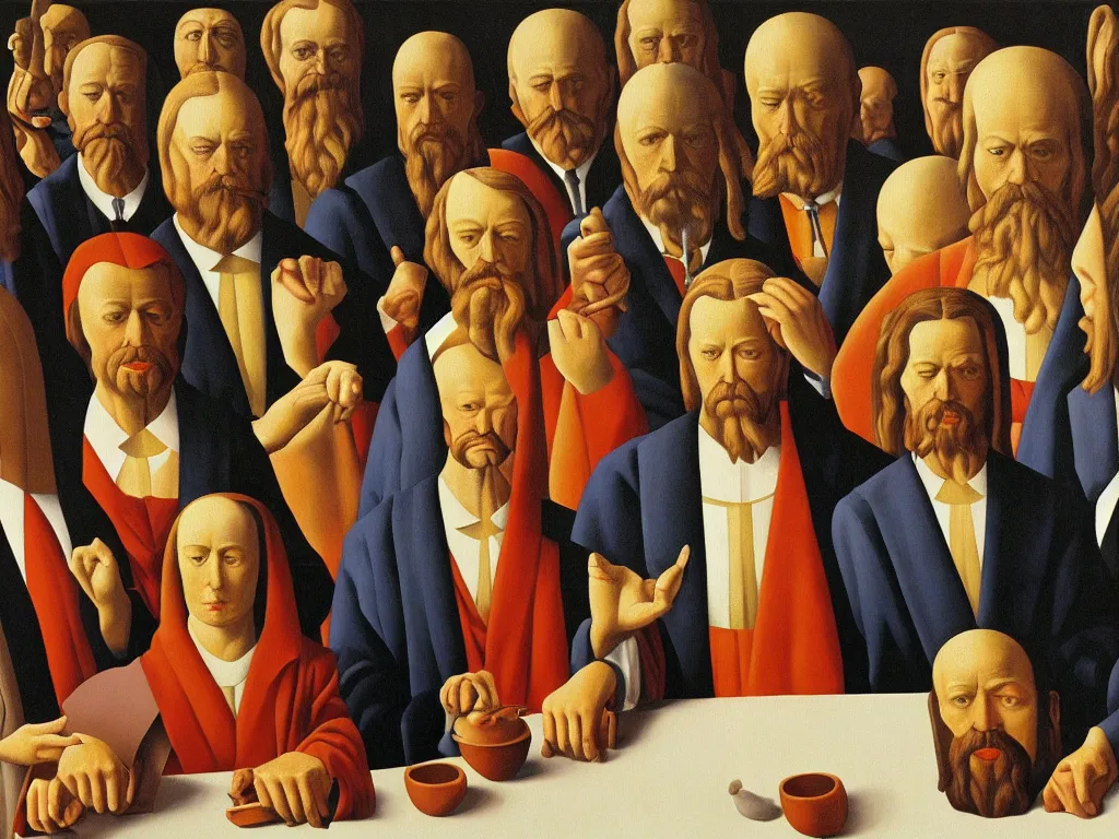 Image similar to crowded last supper painting magritte, renaissance, american gothic, detailed faces