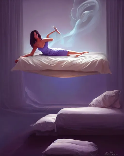 Prompt: a woman floating abover her bed at night, astral projection, indigo smoke! elegant, ethereal, surreal concept art, lifelike, photorealistic, digital painting, aesthetic, smooth, sharp focus, artstation hd, artgerm and by greg rutkowski, bruce pennington, valentina remenar, rhads, asher duran,