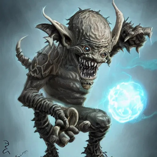 Image similar to a highly detailed goblin with grey skin and blue eyes that glow, with a windy background, like magic the gathering, goblin chainwalker,, digital art, by christopher rush