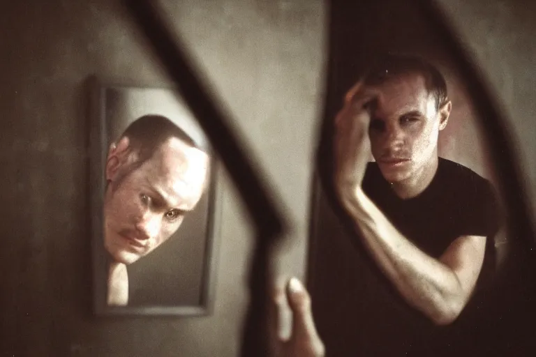 Prompt: a cinematic!! headshot photograph!! of a male, lookin in a mirror, factory, dirt, film still, cinematic lighting, by bill henson, jeremy mann