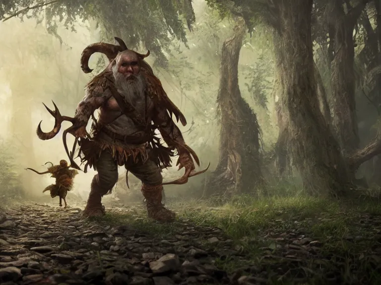 Image similar to Scaredy Cat Dwarf Ranger trips while running through Haunted Forest, RPG Scene, Oil Painting, Trending on Artstation, octane render, Insanely Detailed, 8k, HD