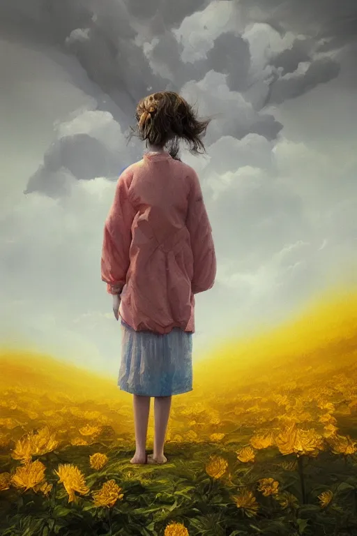 Image similar to closeup girl with huge yellow dahlia flower face, intricate, standing on mountain, surreal photography, blue storm clouds, dramatic light, impressionist painting, digital painting, artstation, simon stalenhag