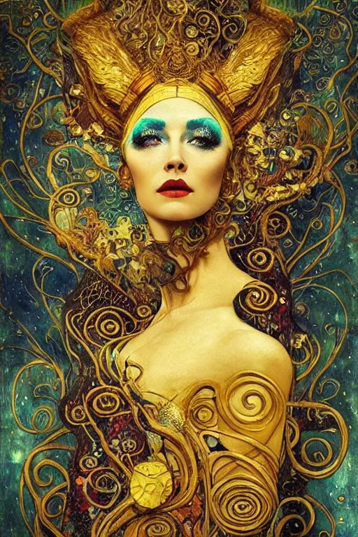 Image similar to Intermittent Chance of Chaos Muse by Karol Bak, Jean Deville, Gustav Klimt, and Vincent Van Gogh, beautiful Surreality portrait, enigma, Loki's Pet Project, destiny, Poe's Angel, fate, inspiration, muse, otherworldly, fractal structures, arcane, ornate gilded medieval icon, third eye, spirals