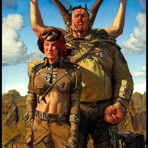 Image similar to a tactical soldier with his back to the viewer, looks up to see a giant woman with horns, by jon foster, gerald brom, wayne barlowe, and norman rockwell