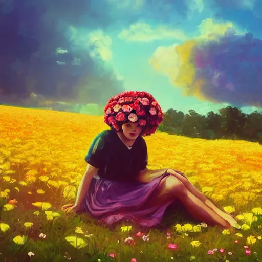 Image similar to giant rose flower head, girl sitting in a flower field, surreal photography, sunrise, dramatic light, impressionist painting, colorful clouds, digital painting, artstation, simon stalenhag