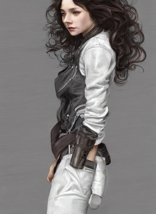 Image similar to girl in very short white! top and very short gray! leather jacket, open belly, long dark curly hair, high waist sweatpants, intricate, elegant, highly detailed, digital painting, artstation, concept art, smooth, illustration, art by artgerm and greg rutkowski and alphonse mucha