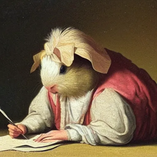Image similar to a 1 8 th century painting of a guinea pig writing a letter, realistic oil paint