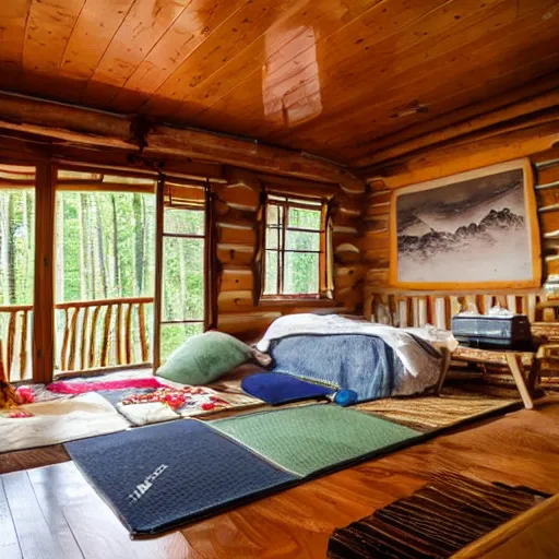 Image similar to photo of the interior of a cozy cabin with french and english and japanese influence and forest theme