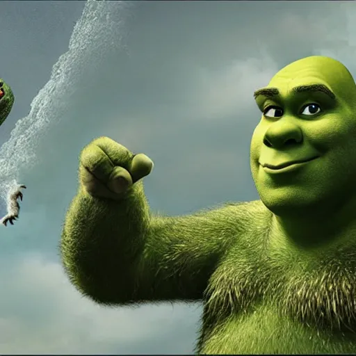 Image similar to shrek versus godzilla