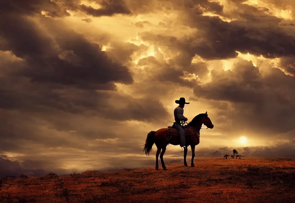 Image similar to a lone cowboy on horseback, aiming a golden revolver, hazy sunset with dark storm clouds on the horizon, small western town in the distance, cinematic angle, filmic tones, detailed digital matte illustration