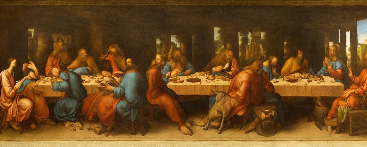 Image similar to A painting of animals sitting at the table in the forest. Style of The last supper by Leonardo Da Vinci