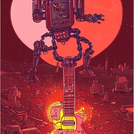 Prompt: illustration of a robot playing guitar in a ruined burning street by kilian eng, katsuhiro otomo and jean giraud moebius, biomechanical, nightime, blood moon