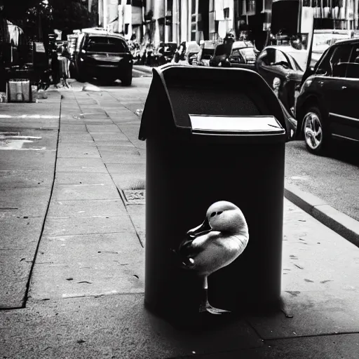 Prompt: A duck staring at a homeless person living in a trashcan, cinematic, professional photography