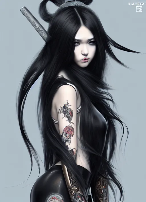 Image similar to full body portrait of long black hair girl within a streetwear. porcelain warforged, cynical face, concept art, character illustrations, intricate, highly detailed 8 k, smooth, matte, sharp focus, rim light, beautiful and aesthetic shape of face and body, artgerm, artstation, art by zexi guo
