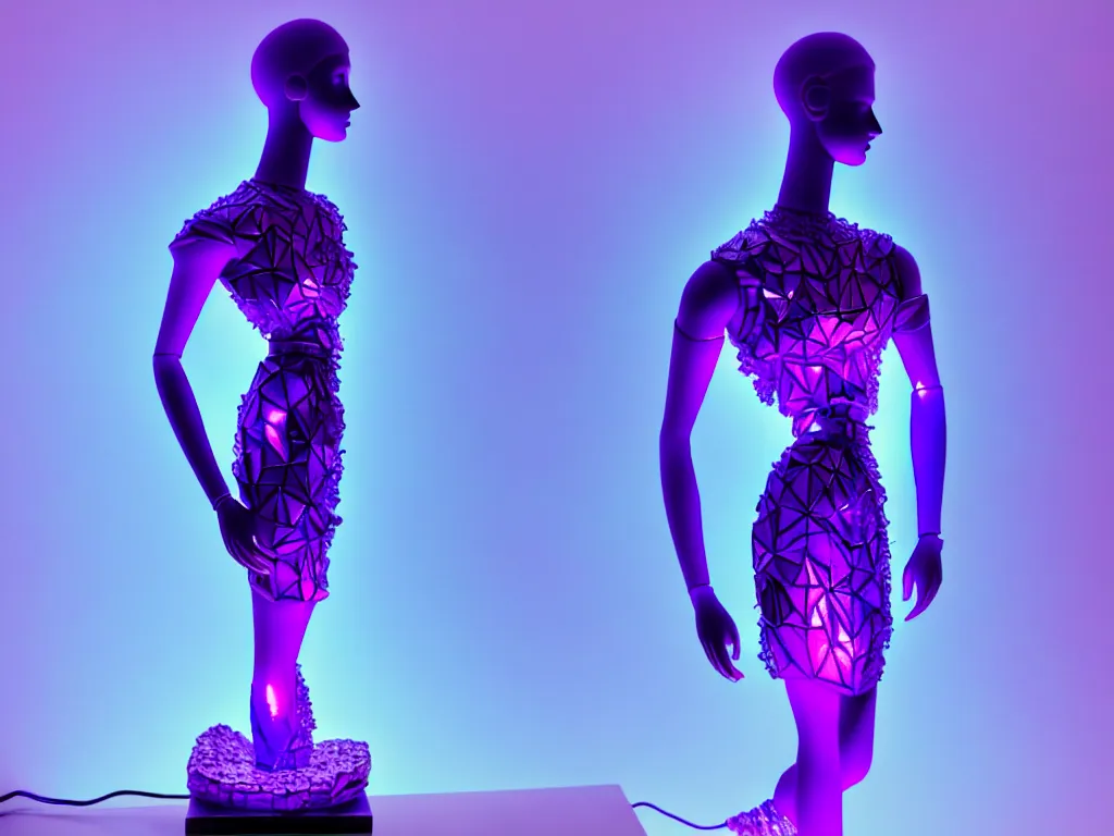 Image similar to beautiful mannequin sculpted out of amethyst by billelis + lit with purple 3 d geometric neon + chrome geometric cubed bonsai plants!!!!, doorway opening with neon pink geometric light, clean linework, dramatic, finely detailed, rule of thirds, moody, confident, award winning, 4 k, trending on artstation, photorealistic, volumetric lighting, octane render