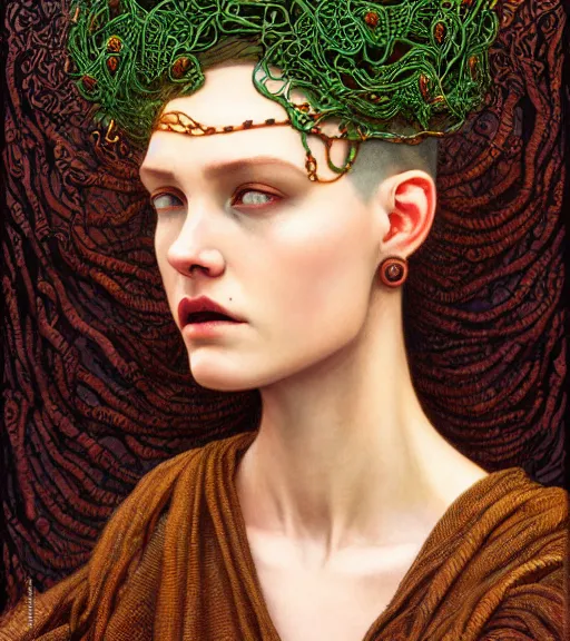 Image similar to portrait of alopecia naughty teen medusa, vipers grow from her head, wearing an embroidered rusty tunic, dark background, intricate, elegant, copper and emerald jewelry, glowing lights, highly detailed, digital painting, artstation, concept art, smooth, sharp focus, illustration, art by wlop, mucha, artgerm, and greg rutkowski