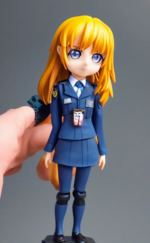 Prompt: toy photo, realistic face, school uniform, portrait of the action figure of a girl, anime character anatomy, 3d printed, plastic and fabric, small blue eyes, figma by good smile company, collection product, dirt and smoke background, flight squadron insignia, realistic military gear, 70mm lens, round elements, photo taken by professional photographer, trending on instagram, symbology, 4k resolution, low saturation, realistic military carrier