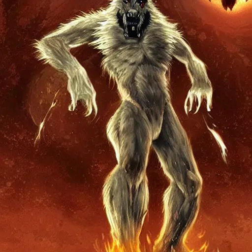 Prompt: half - human, half - wolf, gauru form uratha are generally 8 to 9 feet tall and much heavier and stronger than any human. in this form a werewolf's blood - rage rises to the surface and is much harder to control.