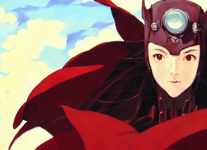 Image similar to a film still portrait of a confident sorcerer dieselpunk diesel scarlet witch, finely detailed features, closeup at the faces, perfect art, at an ancient city, gapmoe yandere grimdark, trending on pixiv fanbox, painted by greg rutkowski makoto shinkai takashi takeuchi studio ghibli, akihiko yoshida.