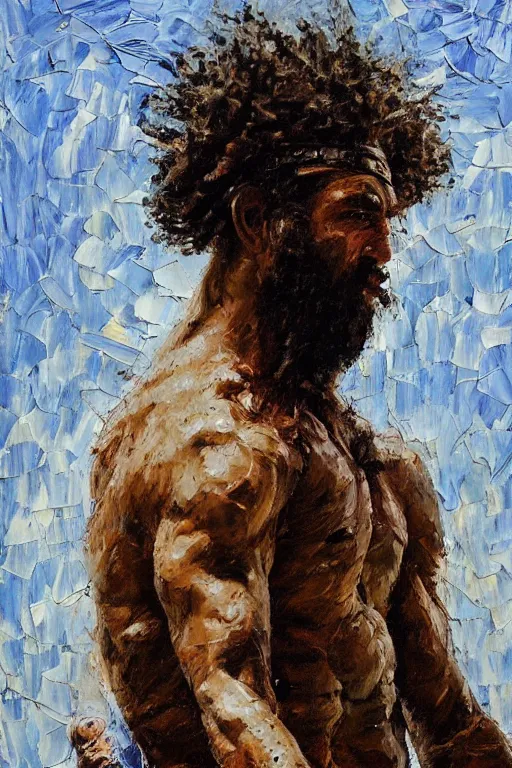 Image similar to highly detailed palette knife oil painting of a historically accurate depiction of the ancient biblical philistine giant warrior Goliath of Gath, fierce, menacing, by Peter Lindbergh, impressionistic brush strokes, painterly brushwork