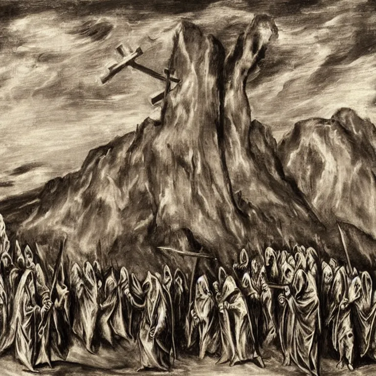 Image similar to A Holy Week procession of grim reapers in a lush Spanish landscape at night. A hooded figure at the front holds a cross. El Greco.