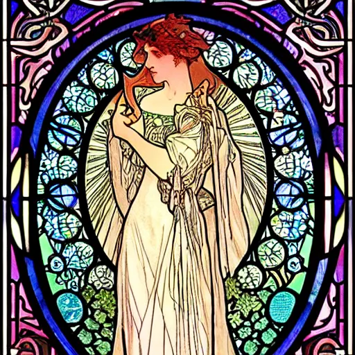 Prompt: the longest night, holding a candle, art by alphonse mucha, intricate stained glass