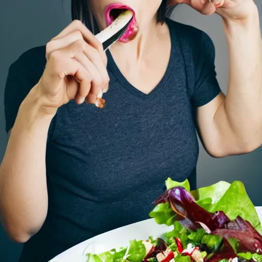 Image similar to stock photo of woman angrily eating salad