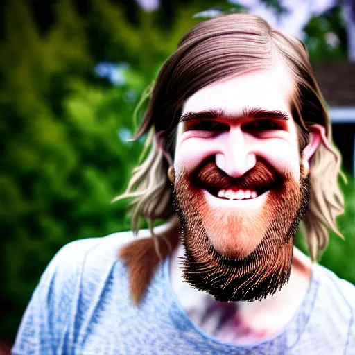 Image similar to bearded long - haired bo burnham outside of his house, smiling and dancing, ultra - realistic, 8 k