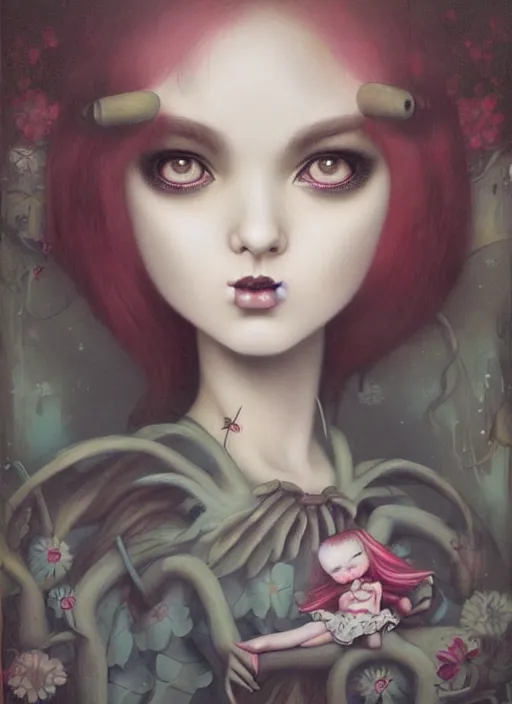 Image similar to pop surrealism, lowbrow art, realistic cute alice girl painting, japanese street fashion, hyper realism, muted colours, rococo, tom bagshaw, mark ryden, trevor brown style