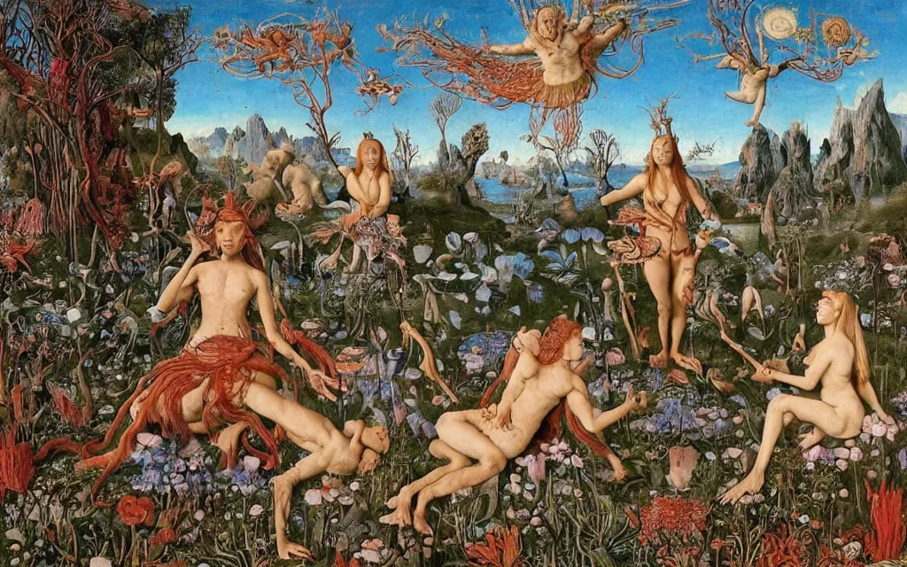 Image similar to a portrait photograph of a meditating centaur shaman and a flayed mermaid feeding harpies at a wide river delta. surrounded by bulbous flowers, animals and a few trees. mountain range under a blue sky of burning stars. painted by jan van eyck, max ernst, ernst haeckel, ernst fuchs and artgerm, trending on cgsociety