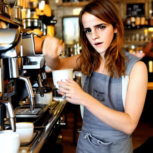 Prompt: emma watson working as a barista in a café