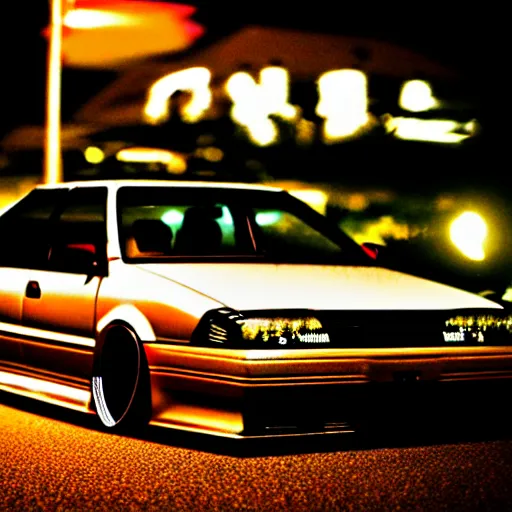 Image similar to a car JZX90 turbo drift at illegal car meet, Chiba prefecture, city midnight mist lights, cinematic color, photorealistic, highly detailed, work wheels, 85MM