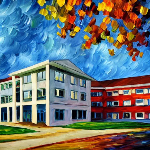 Image similar to young building, camosun college, painted by leonid afremov