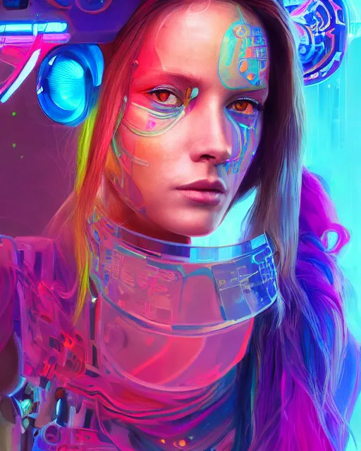 Image similar to colorful portrait of a female hippie cyborg, set in the future 2 1 5 0 | highly detailed | very intricate | symmetrical | professional model | cinematic lighting | award - winning | painted by mandy jurgens and ross tran | pan futurism, dystopian, bold psychedelic colors, cyberpunk, groovy vibe, anime aesthestic | featured on artstation