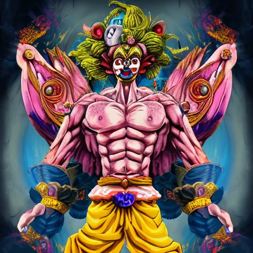 Image similar to 4K headshot of godlike clown with defined arms and open hands and bloody clothes with giant mandala wings , intricate face , flawless anime cel animation by Kentaro Miura, psychedelic , Broly , highly detailed upper body , professionally post-processed , beautiful, scary, symmetry accurate features, epic, octane rendered, anime masterpiece, accurate