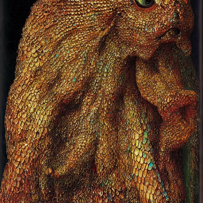 Prompt: close up portrait of an mutant monster creature with proud, reptilian allure, iridescent scales, dovish feathers, diaphanous fungic protuberances. jan van eyck