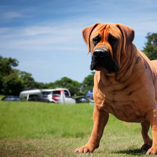 Image similar to a big boerboel dog in front of a wafflehouse