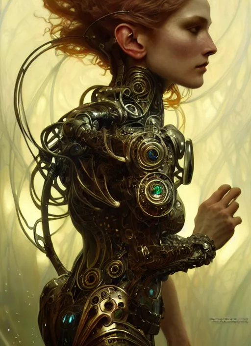 Image similar to organic cyborg, ancient Celtic, diffuse lighting, fantasy, intricate, elegant, highly detailed, lifelike, photorealistic, digital painting, artstation, illustration, concept art, smooth, sharp focus, art by John Collier and Albert Aublet and Krenz Cushart and Artem Demura and Alphonse Mucha