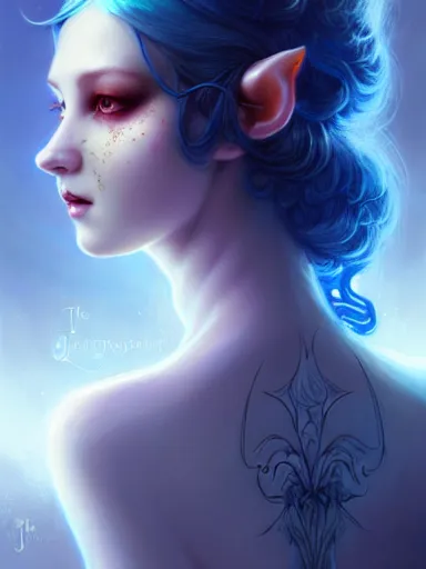 Prompt: the elven queen with blue skin by james jean, charlie bowater, tom bagshaw, nikolay makovsky : : enchanting, ethereal, magical, portrait, character design, illustration, hyperrealism, photorealism, digital art, concept art, fantasy, whimsy, weta, wlop, artstation