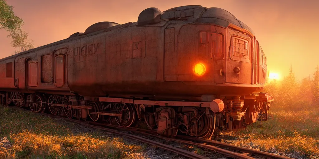 Prompt: a beautiful 3 d render of hard surface soviet steampunk train, sunset, orange glow, by greg rutkowski and thomas kinkade, cryengine, foggy,