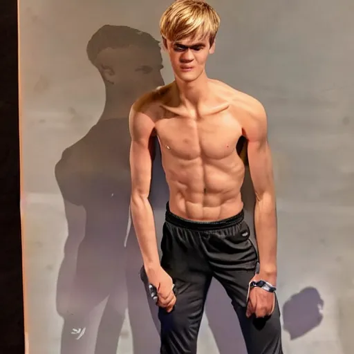 Image similar to a realistic detailed photo of a guy who is an attractive humanoid who is half robot and half humanoid, who is a male android, soccer player martin ødegaard, shiny skin, posing like a statue, blank stare, in a living room, on display, showing off his muscles