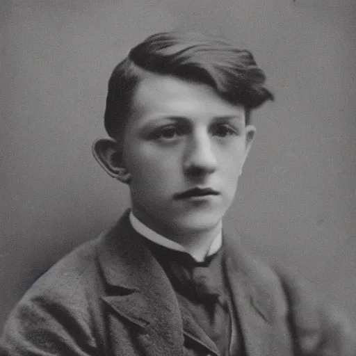 Image similar to headshot edwardian photograph of tom holland, 1 9 2 0 s, realistic face, 1 9 1 0 s photography, 1 9 0 0 s, grainy, slightly blurry, victorian