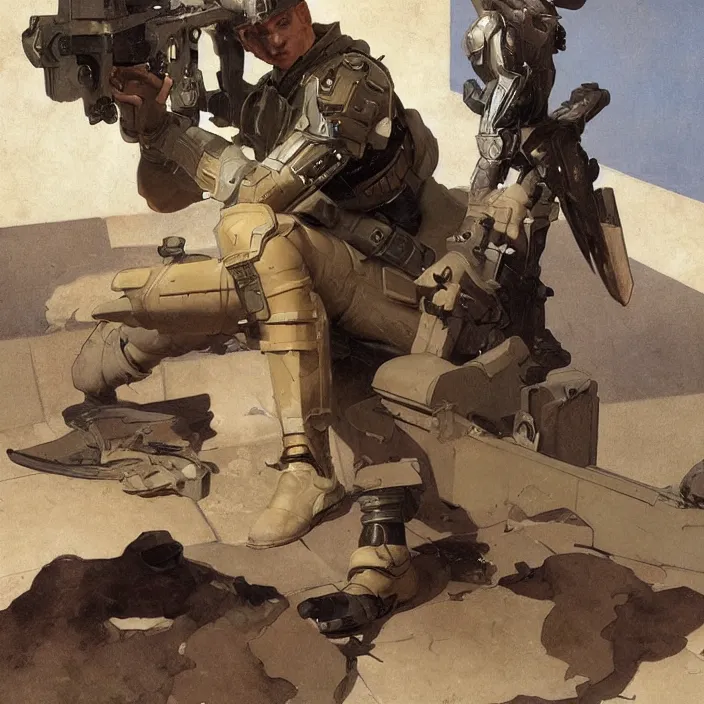 Image similar to an android soldier sits on a bench as an intense battle rages behind him, he is sad, hunched shoulders, detailed concept art by caravaggio and greg rutkowski and alphonse mucha and norman rockwell