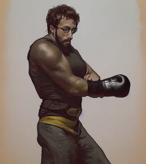 Image similar to Gigachad Sam Hyde ready for battle, boxing stance, wearing the gloves of death, sigma male, accurately portrayed, portrait art by alphonse mucha and greg rutkowski, highly detailed, digital painting, concept art, illustration, dim lighting with twilight rays of sunlight, trending on artstation, very detailed, smooth, sharp focus, octane render, close up