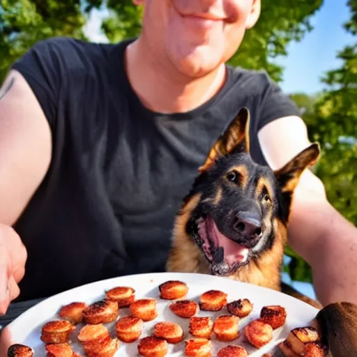 Prompt: a delicious sizzling bacon and sausage on the tongue of a German shepherd who look into the camera with joy