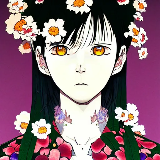Prompt: prompt: Fragile portrait of singular persona covered with random flowers illustrated by Katsuhiro Otomo, inspired by Ghost in Shell and 1990 anime, smaller cable and cyborg parts as attributes, eyepatches, illustrative style, intricate oil painting detail, manga and anime 1990