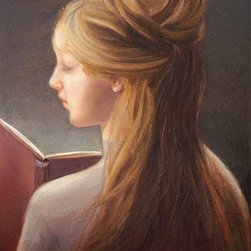 Image similar to a girl reading a book, her hair flowing down, subtle, intricate details, real masterpiece, oil on canvas, by john smith