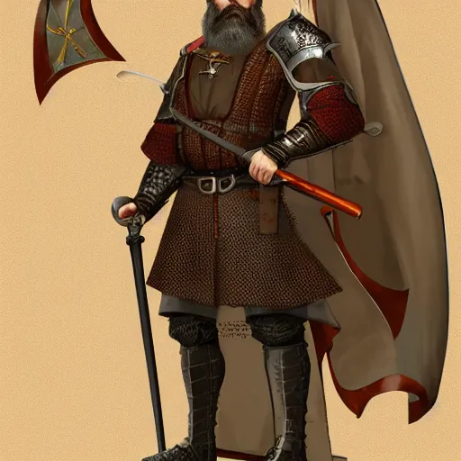 Image similar to 5 0 years old man, tall, stocky : : brown hair, sympathetic, stubble beard : : decorated medieval clothing : : high detail, digital art, rpg, concept art, illustration