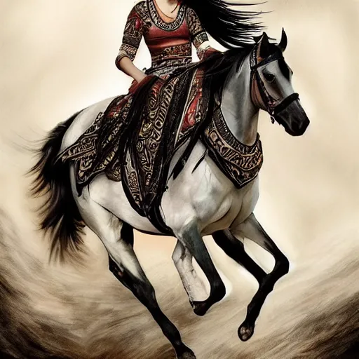 Image similar to full body shot of a beautiful young kurdish woman with beautiful black hair riding a beautiful white horse in the kurdish mountains art by martin ansin, highly detailed, 8 k, high resolution, award winning art, incredibly intricate, beautiful and symmetrical face