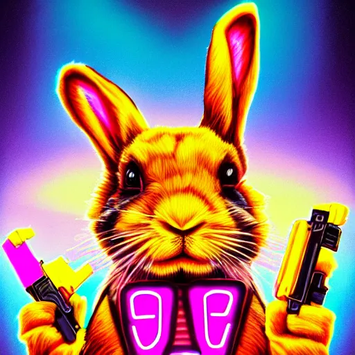 Image similar to portrait of rabbit with UV neon fur holding a machine gun , 8k, highly detailed, sharp, realistic, in style of Lisa Frank, Artstation, deviantart